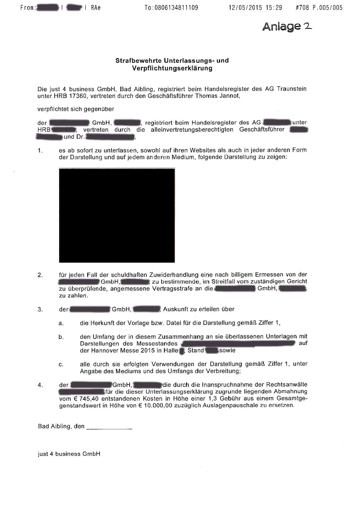 Strafbewehrte Unterlassungserklärung vom 12. Mai 2015