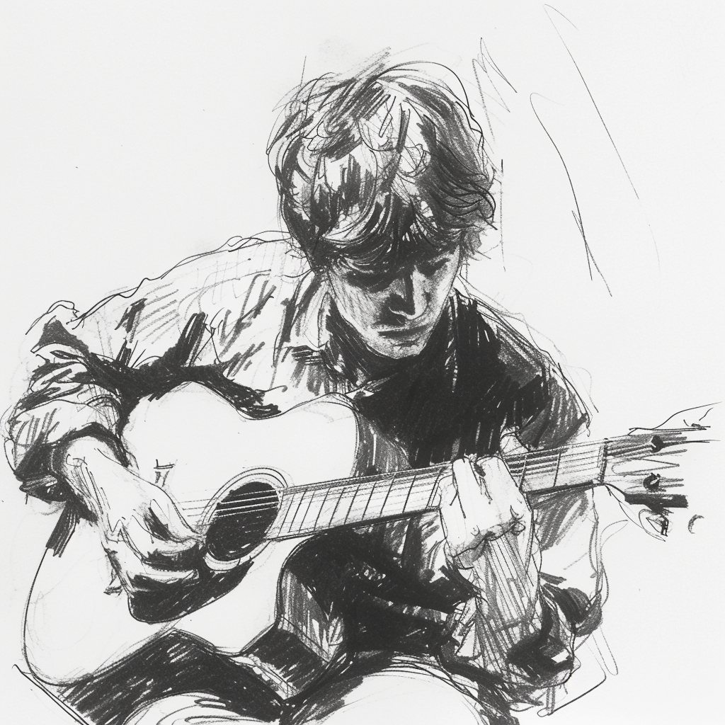 Drawn script sketch, black and white, early 1980s, Reinhard Mey with guitar ?? ??????????/??