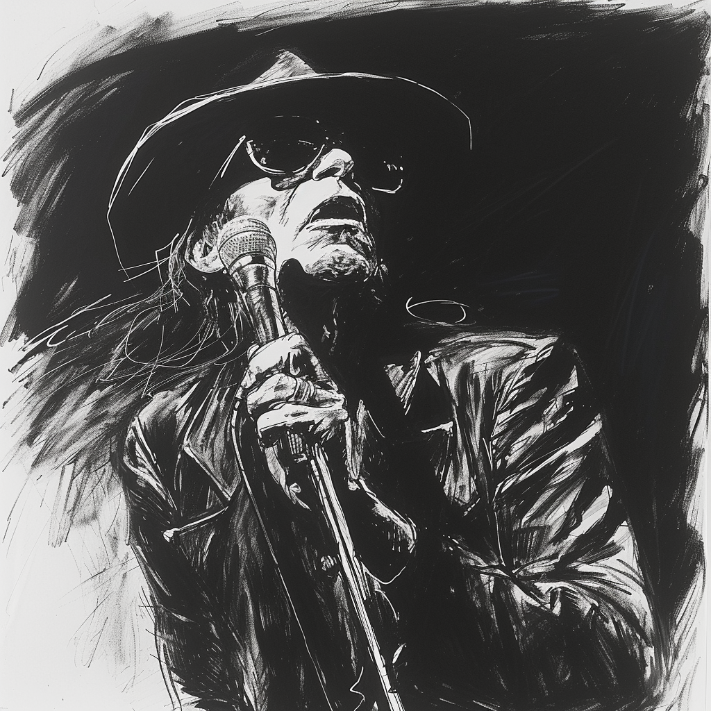 Drawn script sketch, black and white, early 1980s, Udo Lindenberg with microphone ?? ??????????/??
