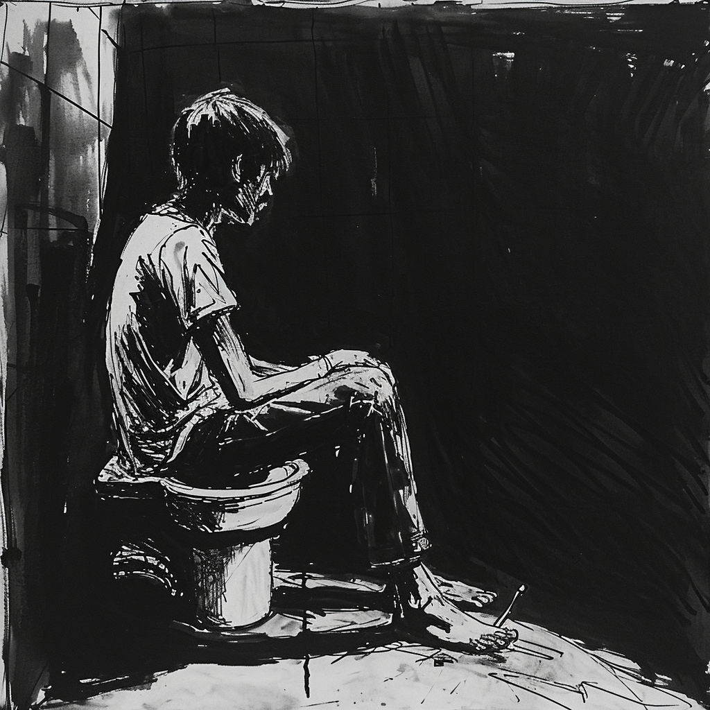 Drawn script sketch, black and white, early 1980s, a teenager from the side, sitting on the toilet in the corner of a dark prison cell ?? ??????????/??