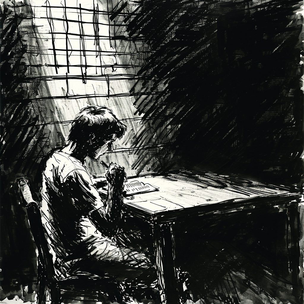 Drawn script sketch, black and white, early 1980s, a teenager writes a letter at a table in a dark prison cell ?? ??????????/??