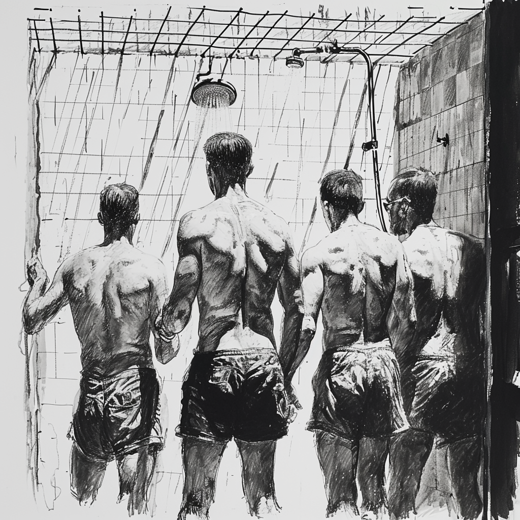 Drawn script sketch, black and white, early 1980s, bright prison cell, four prisoners taking a shower ?? ??????????/??