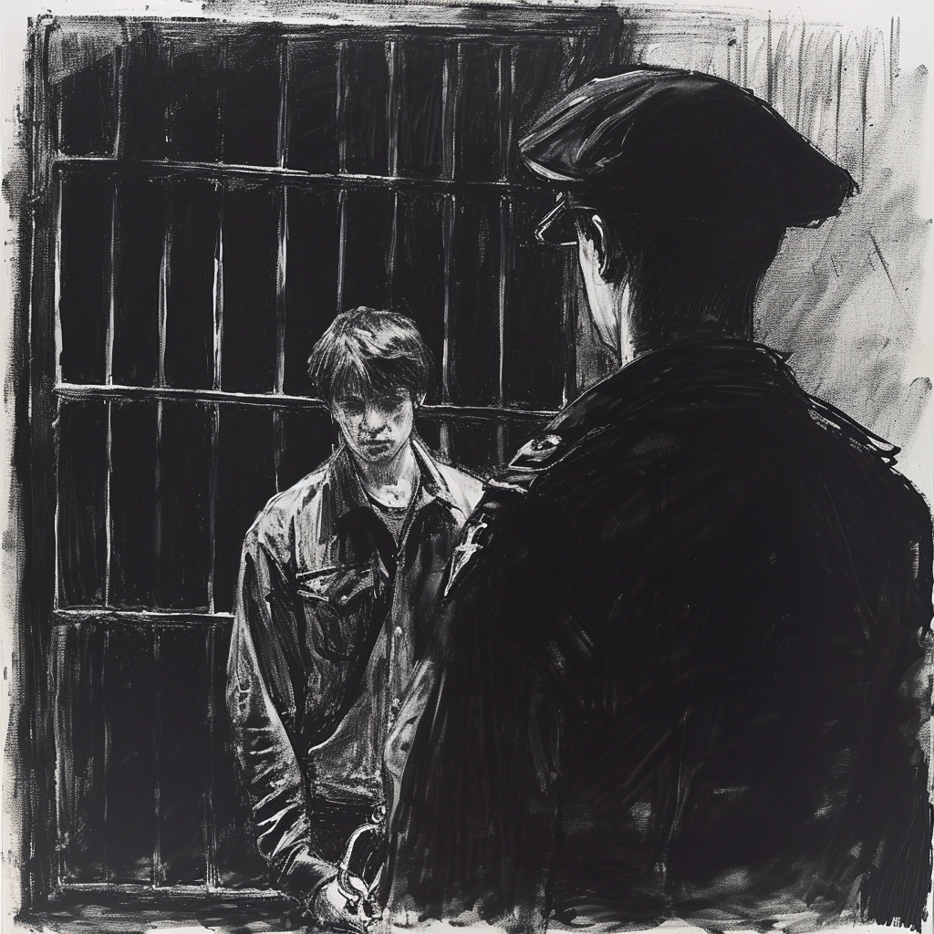 Drawn script sketch, black and white, early 1980s, dark prison, in the foreground a prison guard in a dark uniform with a peaked cap, in the background a teenager handcuffed by the wrist ?? ??????????/??