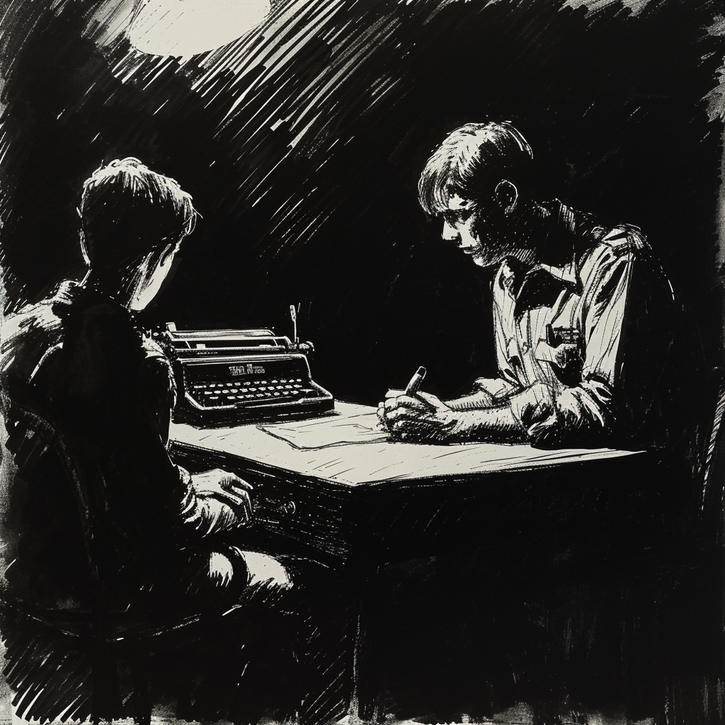 Drawn script sketch, black and white, early 1980s, dark interrogation room at night, a tall policeman sits in front of a typewriter and questions a young teenager with very short hair ?? ??????????/??