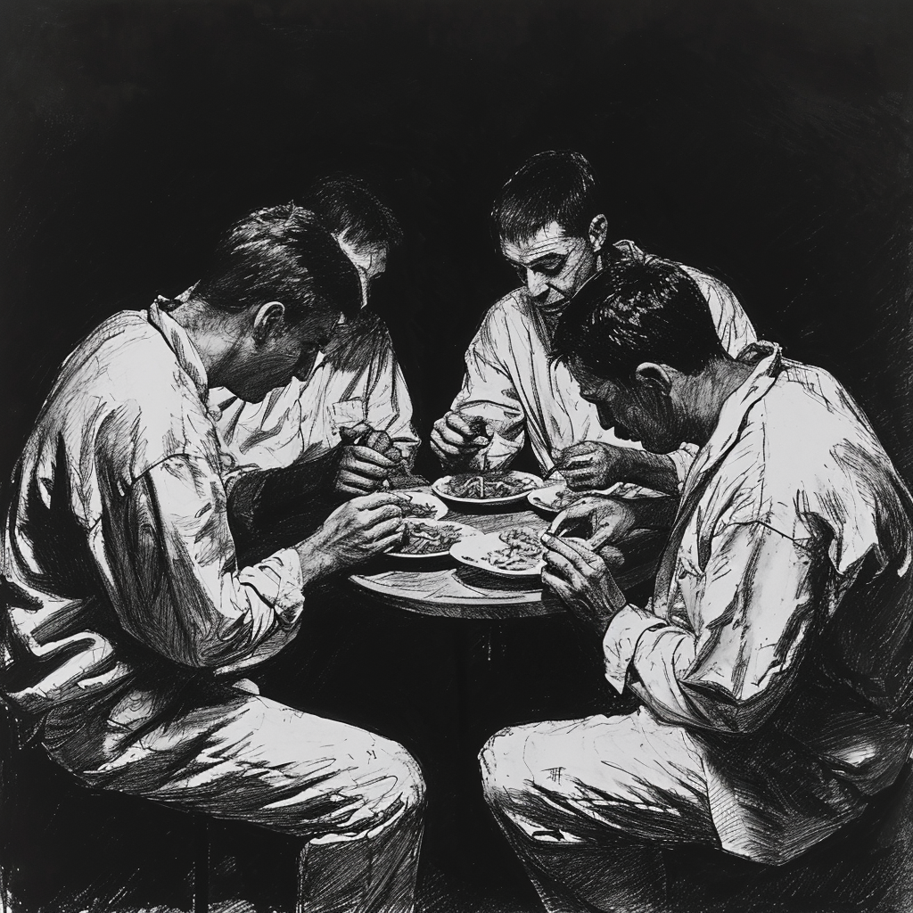 Drawn script sketch, black and white, early 1980s, dark prison cell, four prisoners eating around a small table ?? ??????????/??
