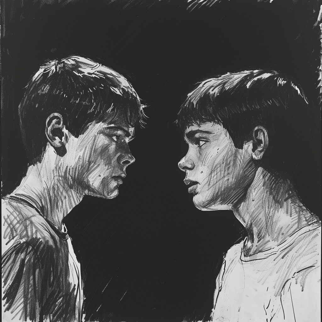 Drawn script sketch, black and white, early 1980s, dark room, two teenagers, both male, one taller than the other, gazing angrily into each other's eyes ?? ??????????/??