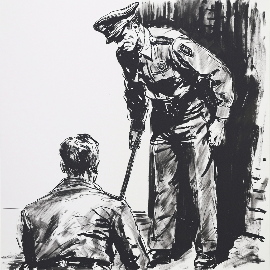 Drawn script sketch, black and white, early 1980s, policeman in uniform with peaked cap and truncheon, a prisoner kneels in front of him ?? ??????????/??