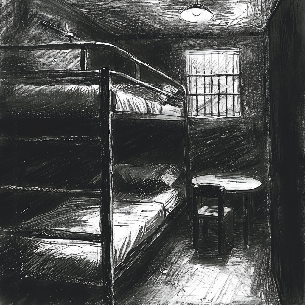 Drawn script sketch, black and white, early 1980s, very narrow dark prison cell at night, on the left a double bunk bed without railing, on the right a small table with two chairs, in the background a small barred window ?? ??????????/??