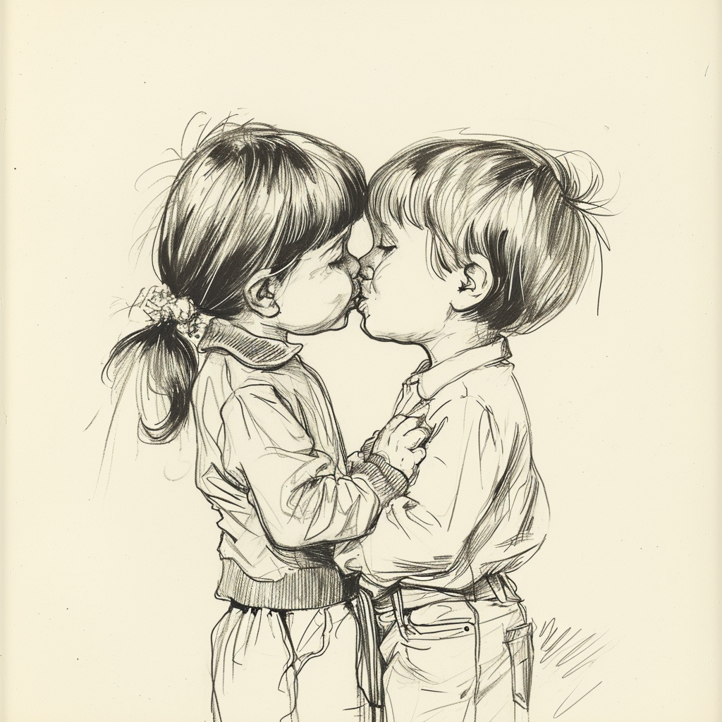 Drawn script sketch, mid-1970s, cute girl and little boy kissing ?? ??????????/??
