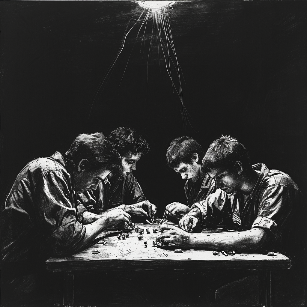 Drawn sketch, black and white, early 1980s, dark prison cell, four young prisoners sitting at a table working with small plugs ?? ??????????/??