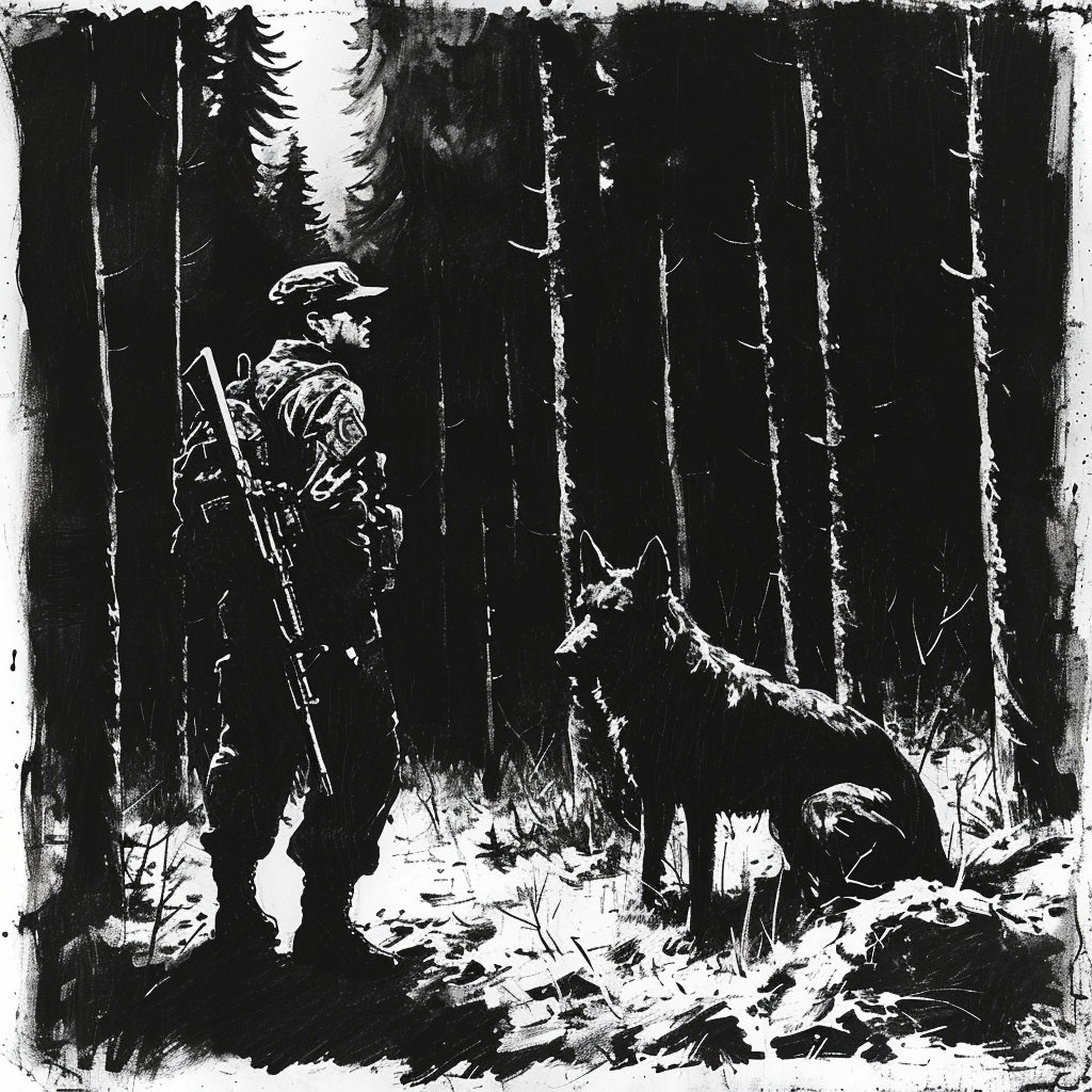 Drawn script sketch, black and white, early 1980s, dark forest, a border soldier and a guard dog ?? ??????????/??