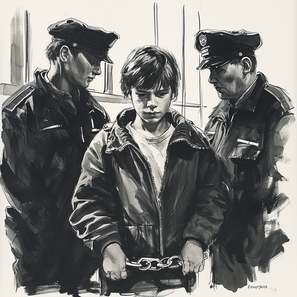 police officers in dark uniforms, both wearing police caps, at a train station in East Germany in short handcuffs, courtroom sketch artist style ?? ??????????/??