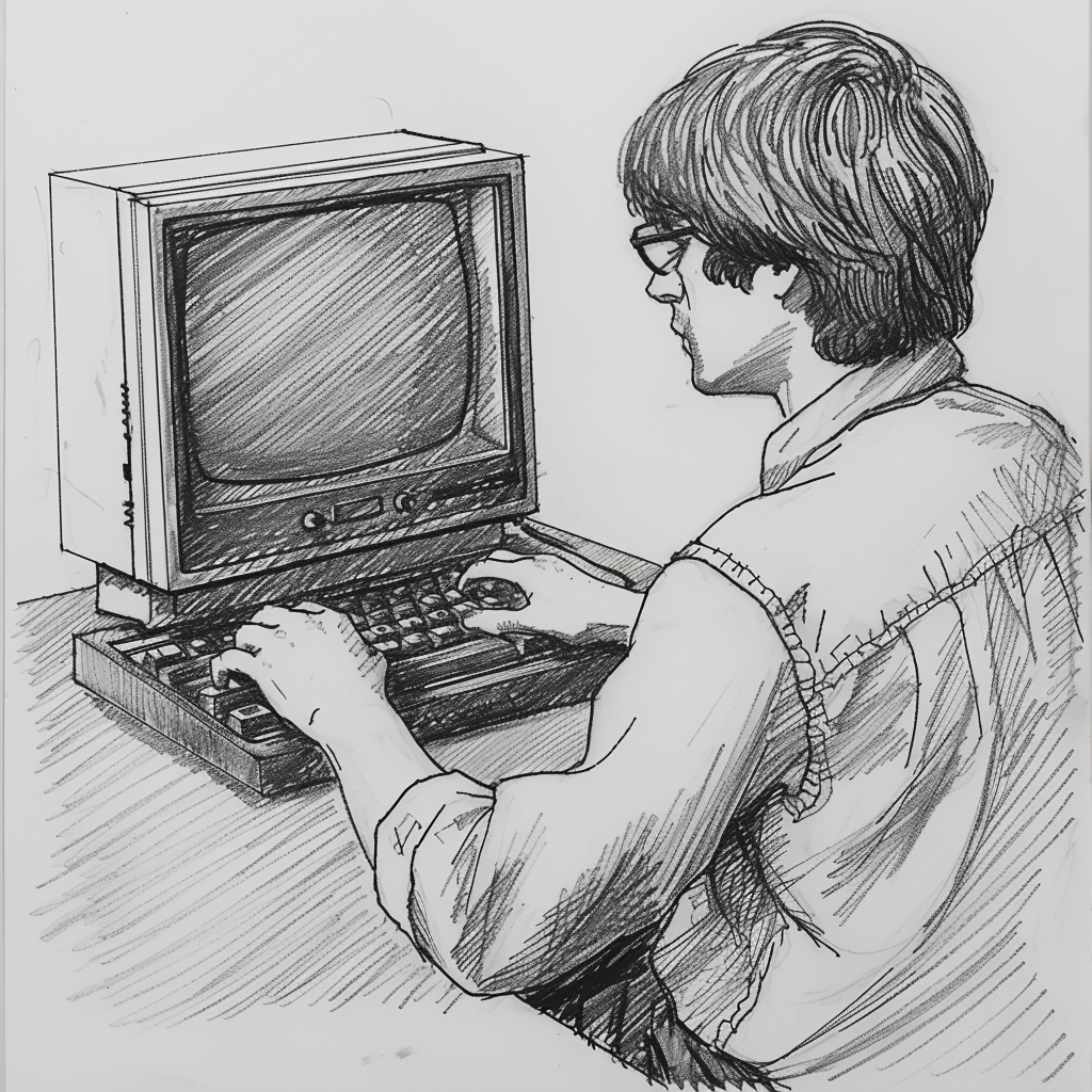Drawn script sketch, black and white, 1984, Macintosh Computer 1984 ?? ??????????/??