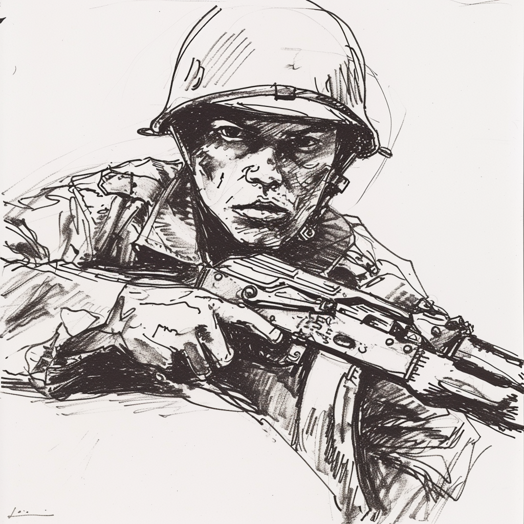 Drawn script sketch, black and white, early 1980s, GDR soldier with steel helmet and Kalashnikov ?? ??????????/??