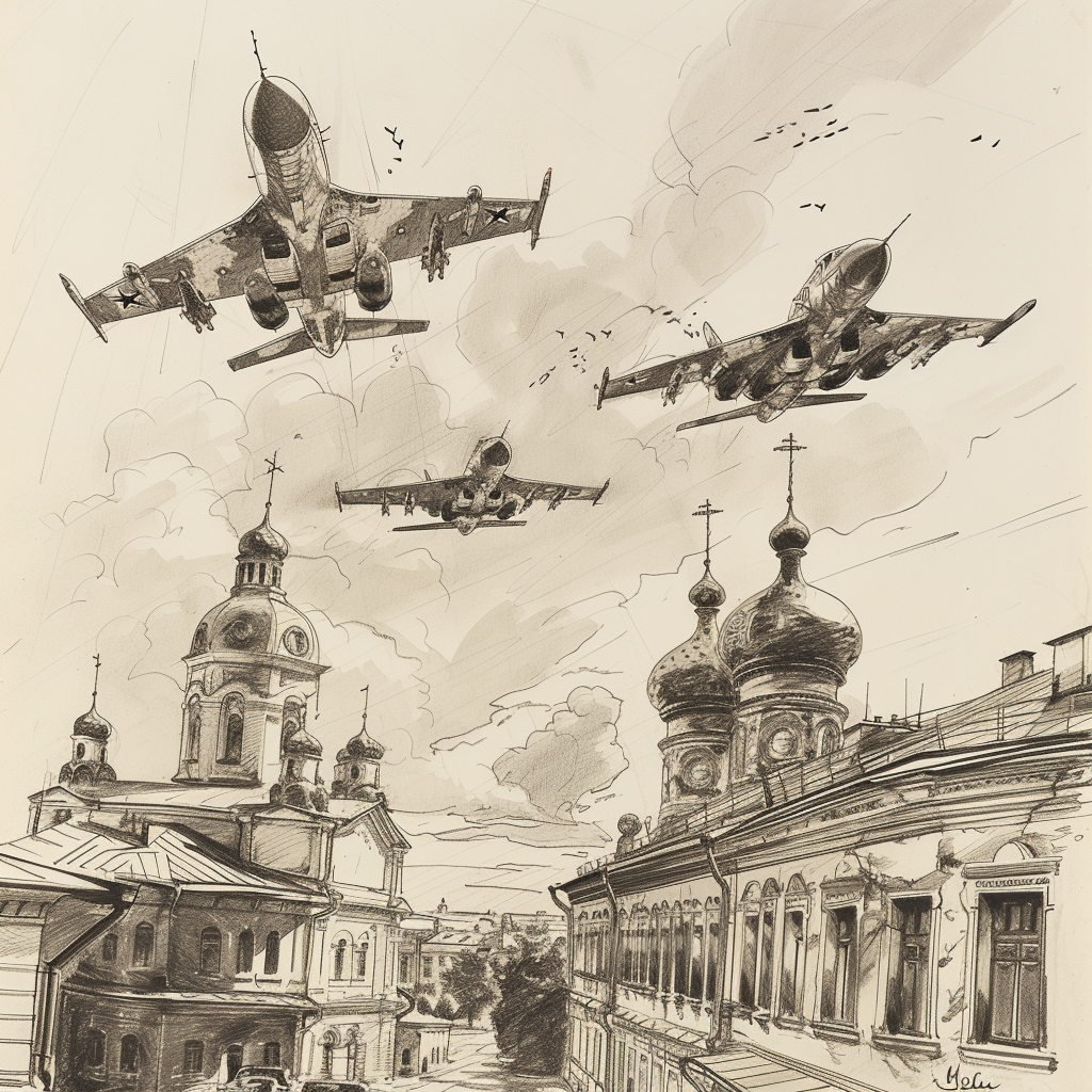 Drawn script sketch, black and white, early 1980s, Russian MIGs thundering low over an old town ?? ??????????/??