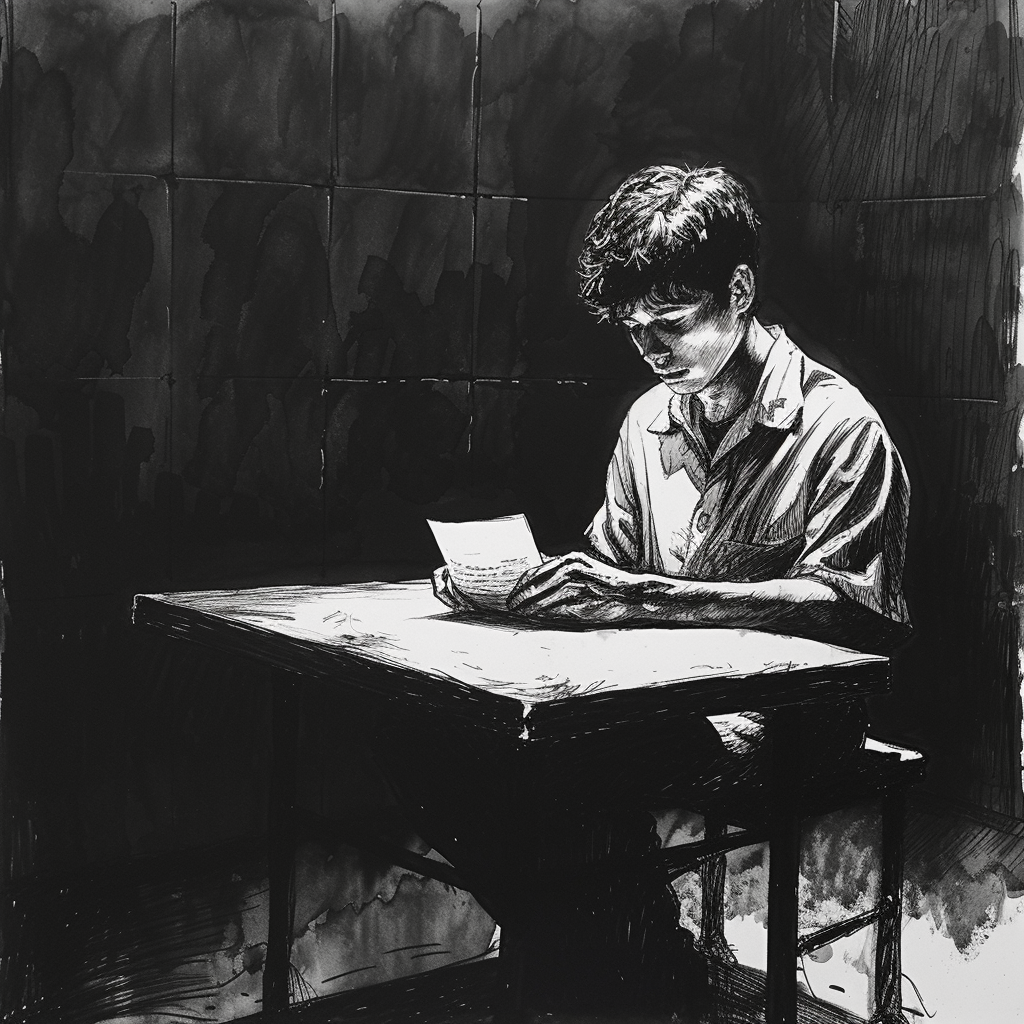 Drawn script sketch, black and white, early 1980s, a teenager reads a letter at a table in a dark prison cell ?? ??????????/??
