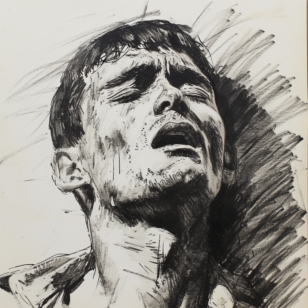 Drawn script sketch, black and white, early 1980s, young prisoner with tears in his eyes ?? ??????????/??
