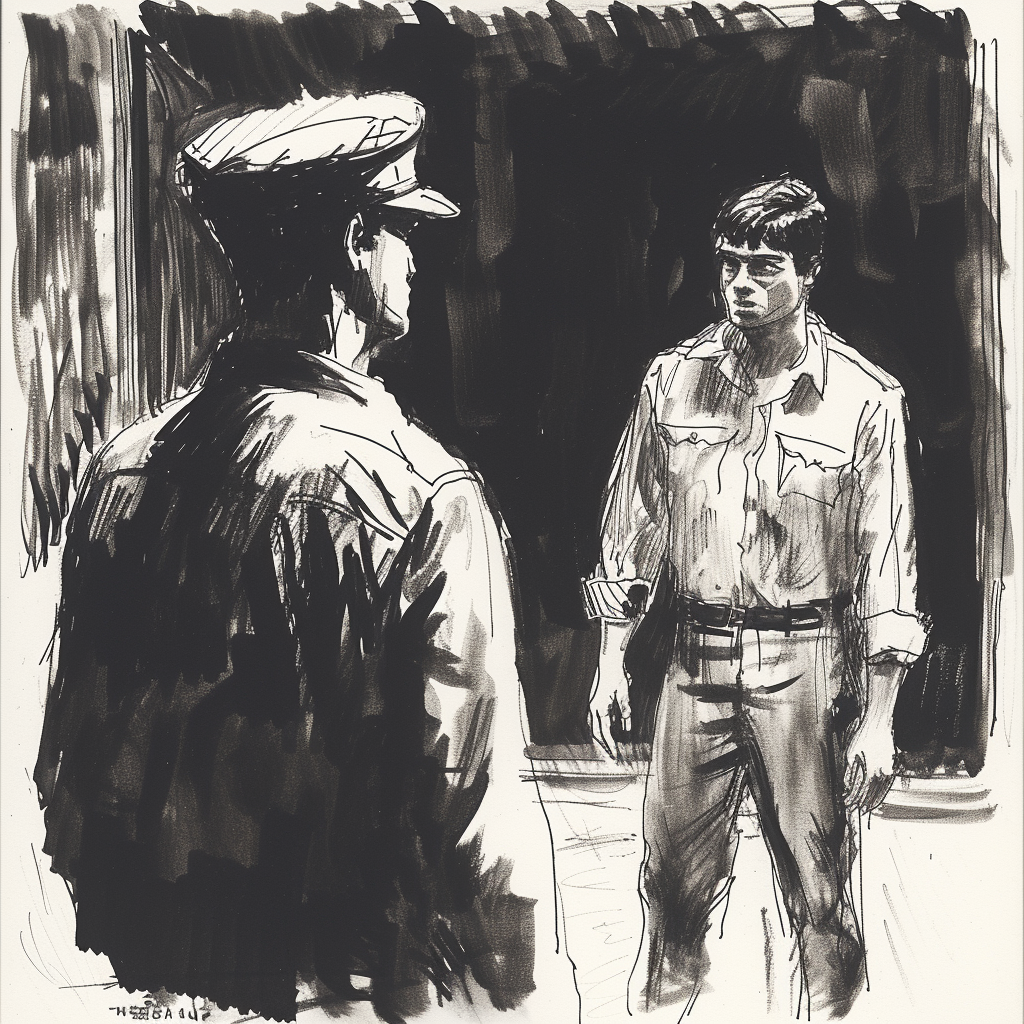 Drawn script sketch, black and white, early 1980s, young recruit being harassed in front of an officer ?? ??????????/??