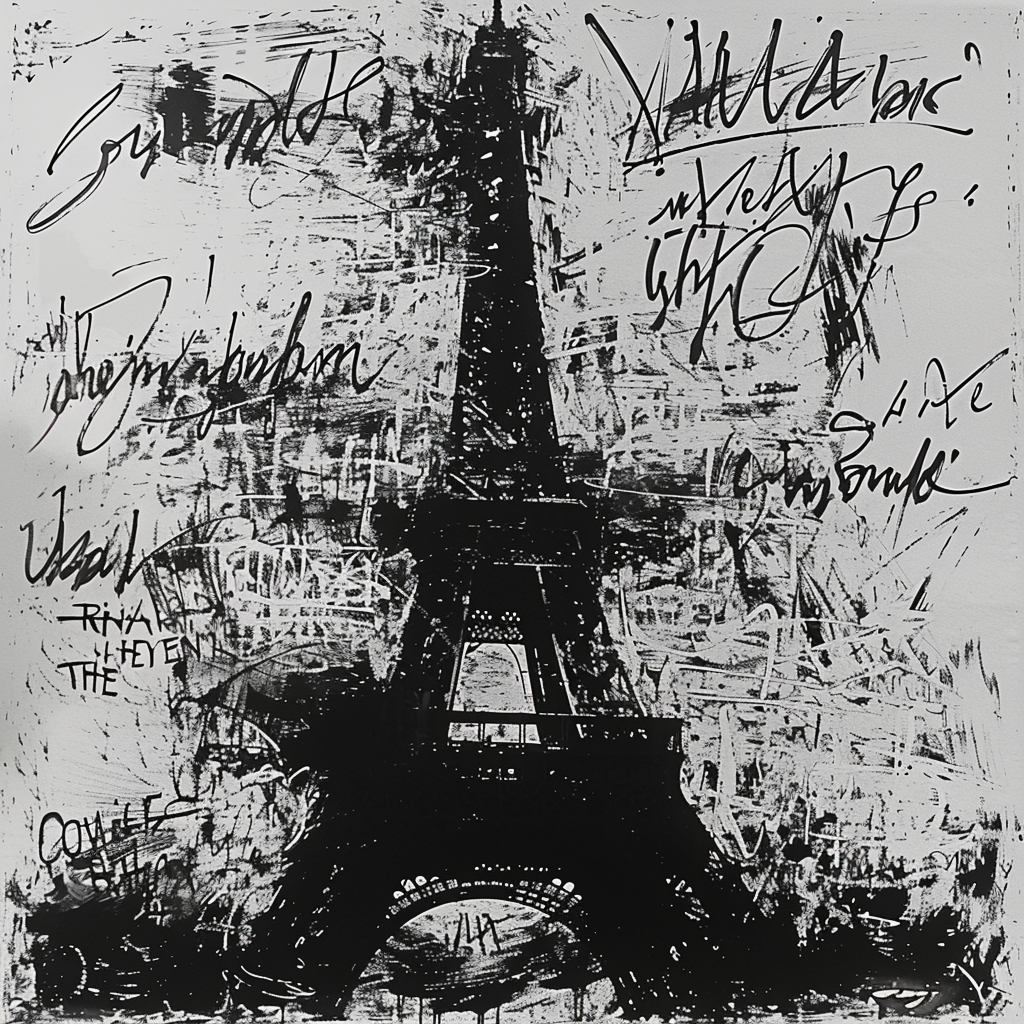 Drawn script sketch, early 1980s, black and white, Eiffel Tower ?? ??????????/??