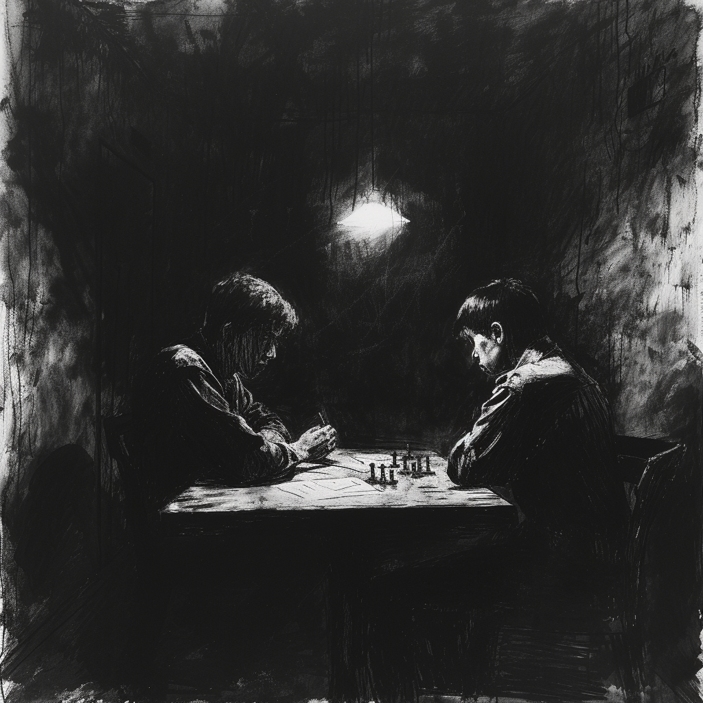 Drawn sketch, black and white, early 1980s, dark prison cell, two teenagers sitting at a table working with small plugs ?? ??????????/??