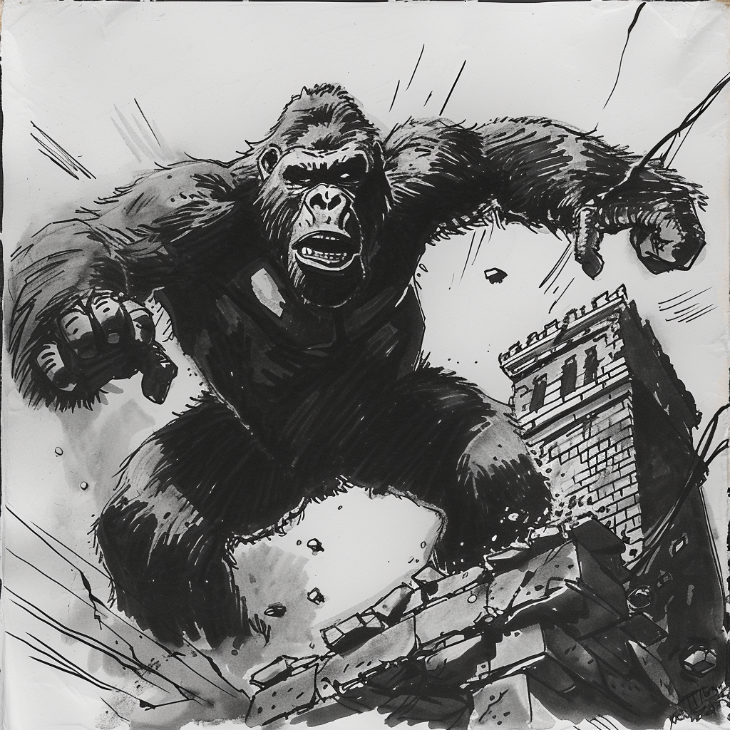 Drawn script sketch, black and white, early 1980s, King Kong in action ?? ??????????/??